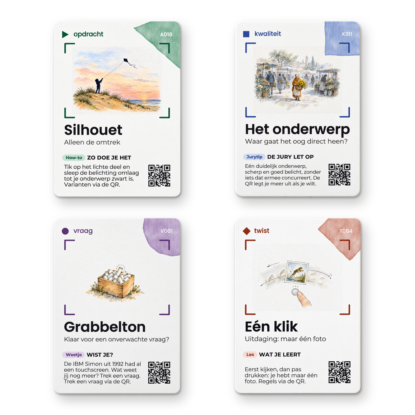 Vier Snapdeck-kaarten: Silhouet, Het onderwerp, Grabbelton en Eén klik
